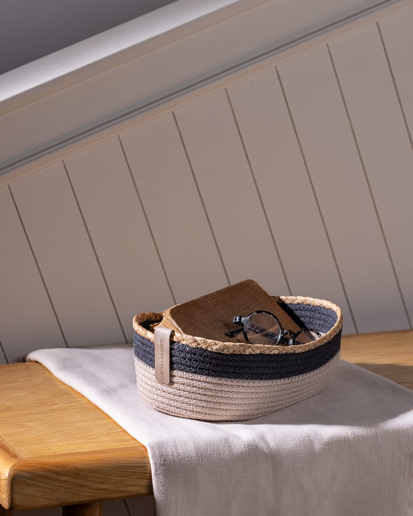 Panier de rangement ovale - Bac d'organisation maison gris et beige