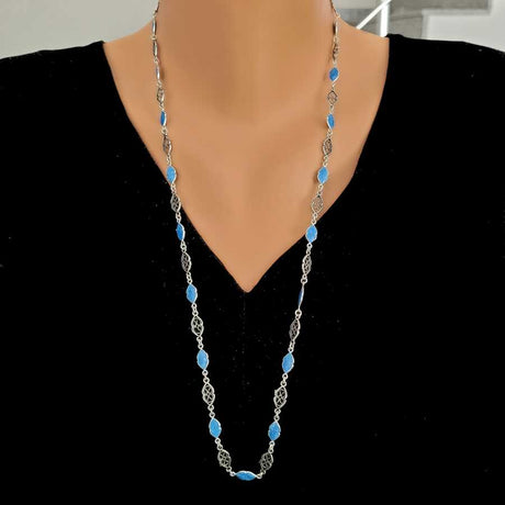 Oxidized Sterling Silver Filigree Necklace with Blue Mother-of-Pearl Enamel