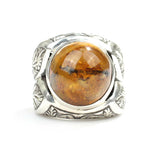 925 Sterling Silver Round Amber Men's Ring - Hand-Engraved Design