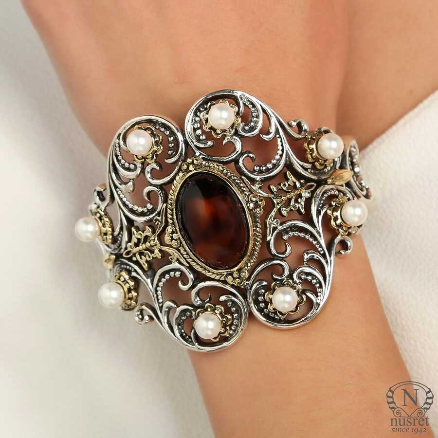 Professional Sterling Silver Pearl Tiger Eye Byzantine Cuff Bracelet
