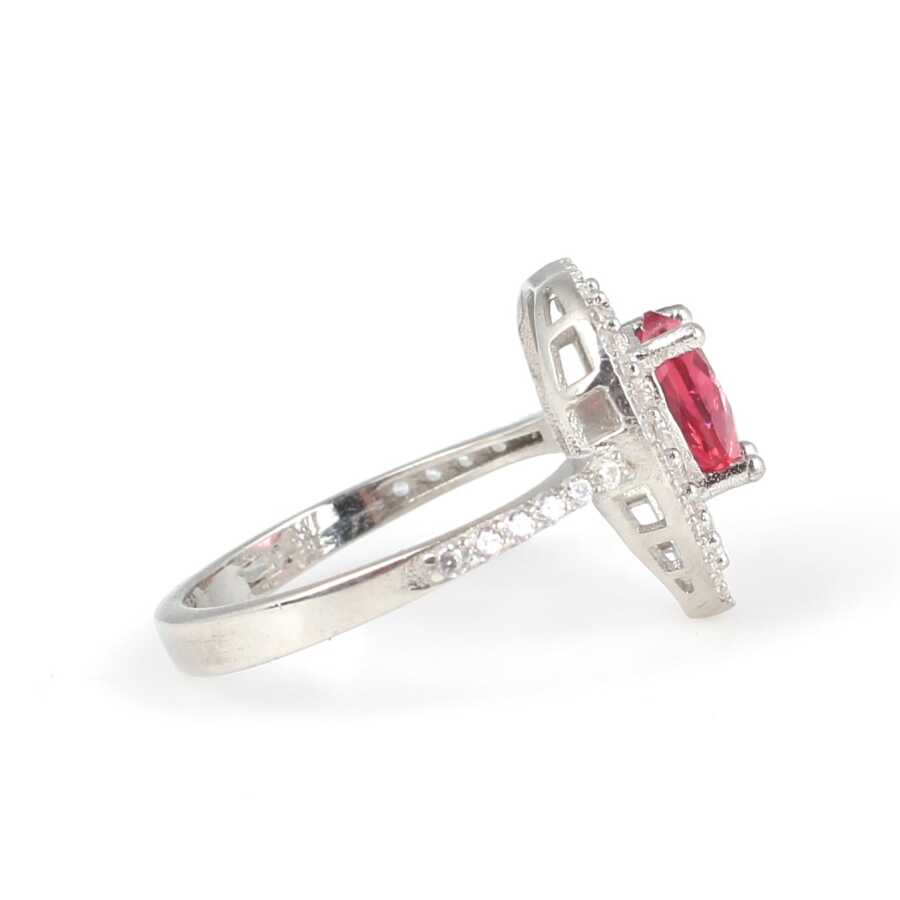 Sterling Silver Heart Ring with Ruby Zircon & White Zircon Halo