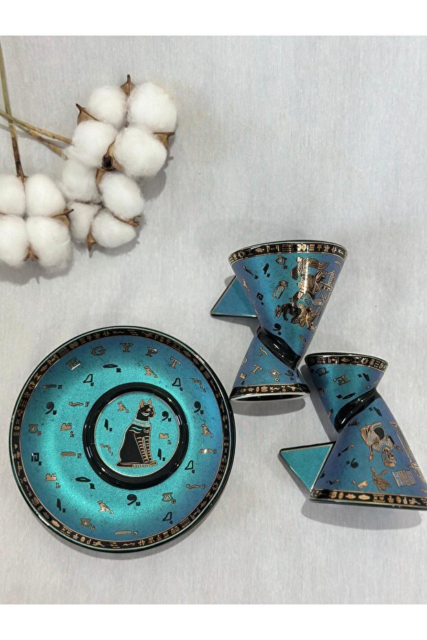 Fathy Mahmoud Premium Egyptian Cat Design Porcelain Coffee Cup Set - 2 Piece - TryAladdin
