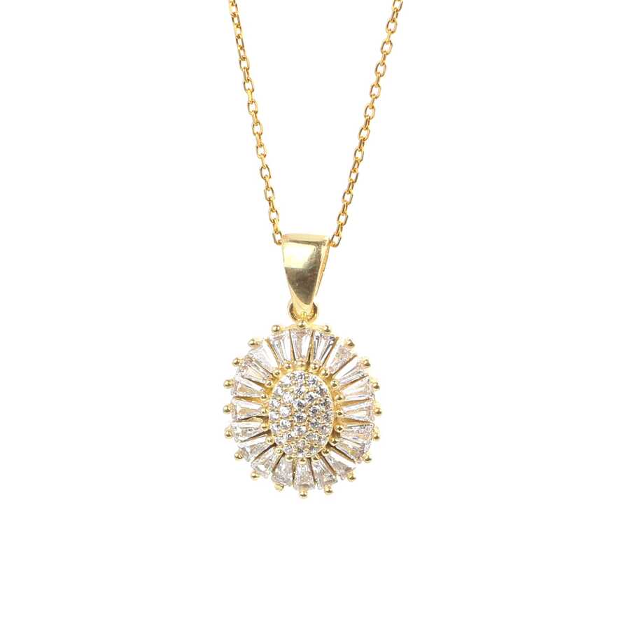 Premium 925 Sterling Silver Sunflower Baguette Stone Necklace