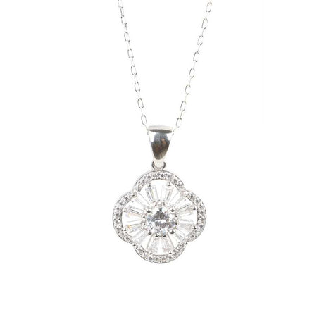 Sterling Silver Clover Pendant Necklace with Baguette & Zircon Stones