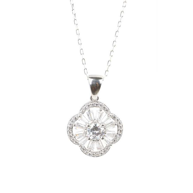 Sterling Silver Clover Pendant Necklace with Baguette & Zircon Stones