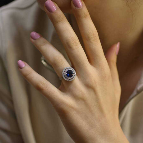 925 Sterling Silver Round Sapphire Zircon Halo Ring