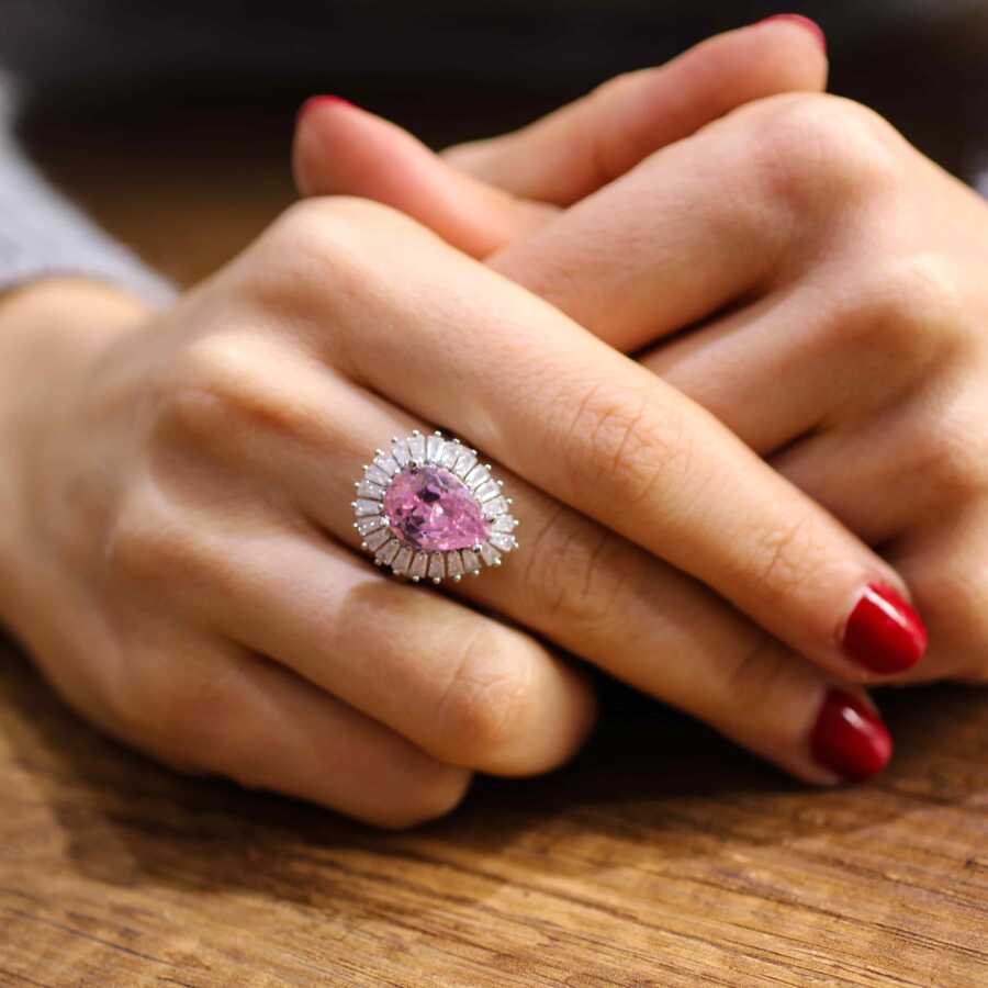 Premium 925 Sterling Silver Drop Pink Quartz Baguette Ring