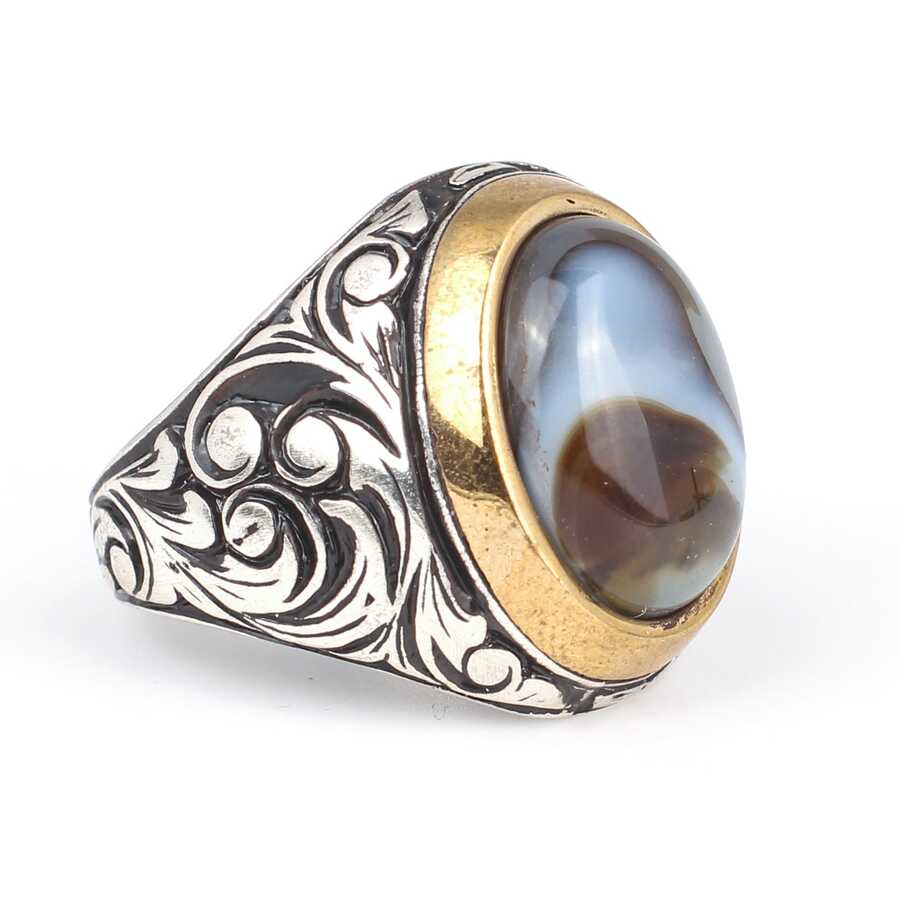 925 Sterling Silver Men's Ring - Yemen Agate, Bronze Setting