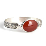 925 Sterling Silver Agate Bangle Bracelet - Hand-Engraved Design