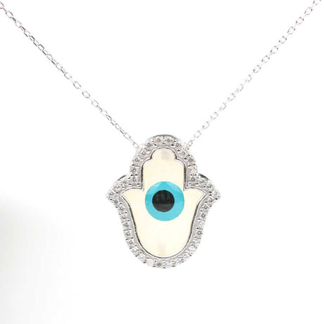Sterling Silver Mother of Pearl Hand of Fatima Evil Eye Pendant Necklace