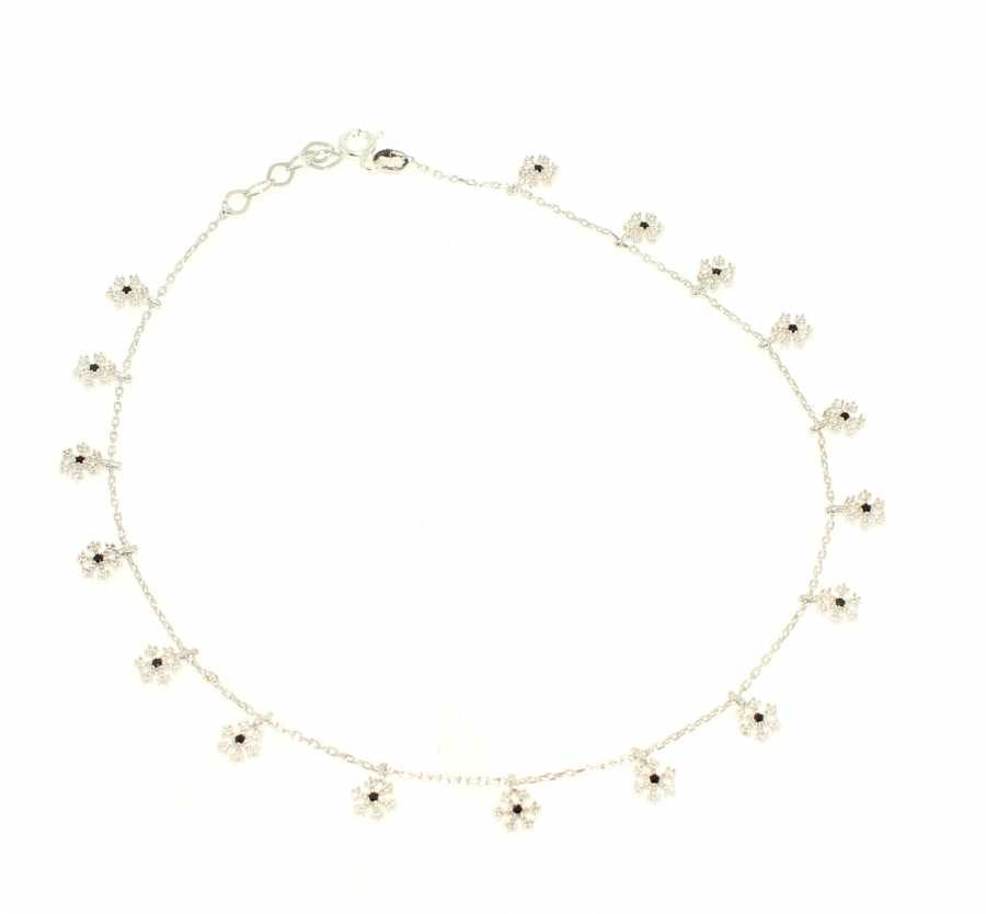 Sterling Silver Snowflake Anklet - Adorned with Black Zircon Stones