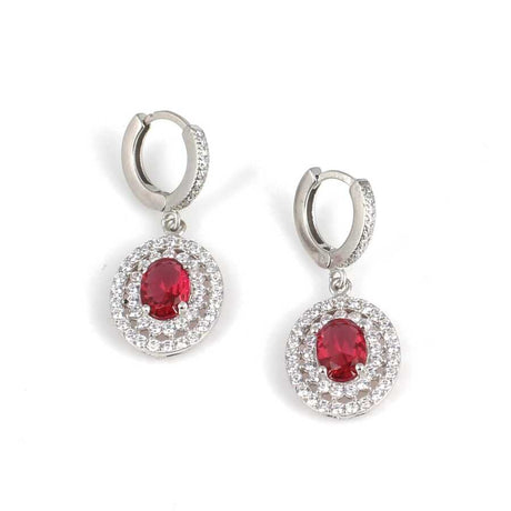 925 Sterling Silver Double Row Oval Ruby-Colored Zircon Halo Earrings