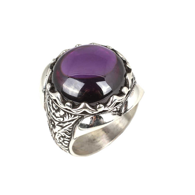 925 Sterling Silver Men's Ring - Hand-Engraved Round Drop Amethyst