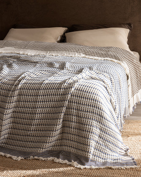 100% Cotton Double Bedspread - Coffee Blue Reversible Design