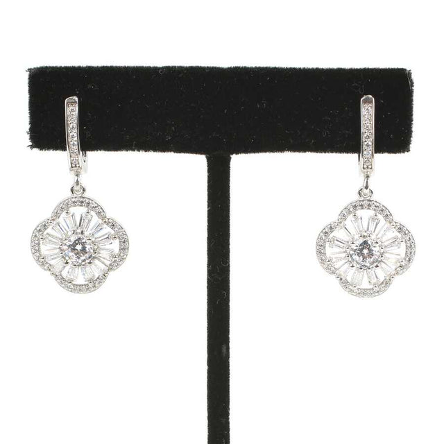 925 Sterling Silver Clover Dangle Earrings - Baguette Zircon