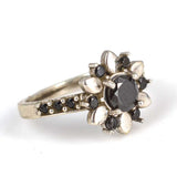 925 Sterling Silver Black Onyx Floral Ring - Elegant Bloom Design