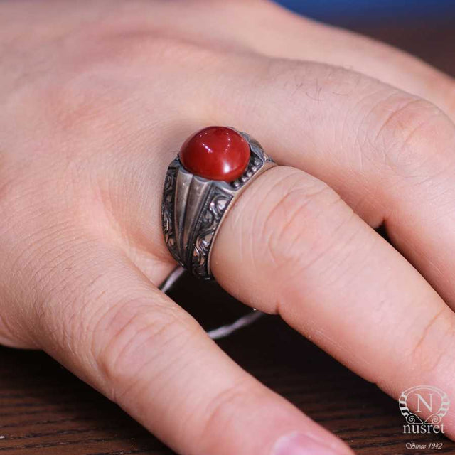 Sterling Silver Men's Ring with Round Amber Stone & Hand-Engraved Band