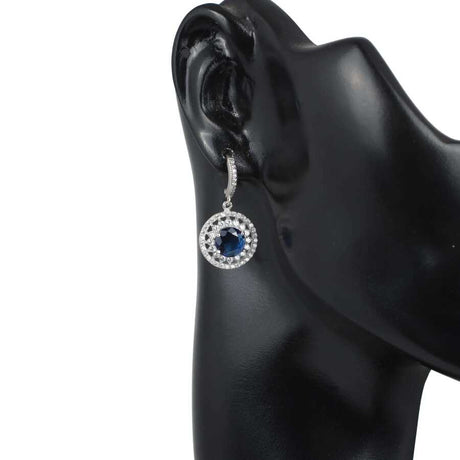 Sterling Silver Double Row Halo Sapphire Color Zircon Drop Earrings