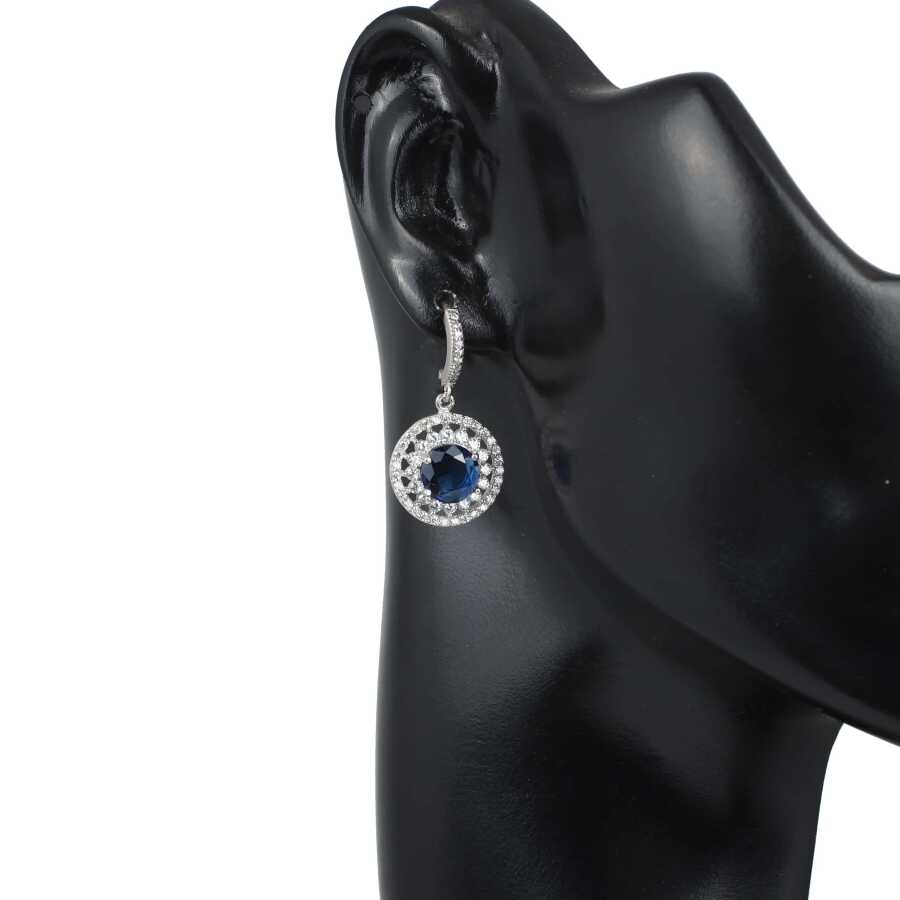 Sterling Silver Double Row Halo Sapphire Color Zircon Drop Earrings