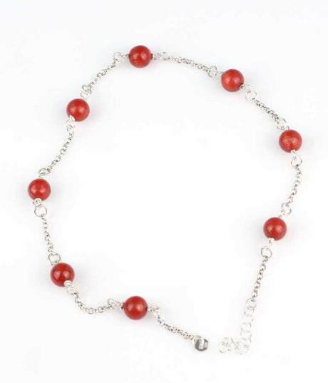 925 Sterling Silver Anklet with Eight Coral Stones - Delicate Style
