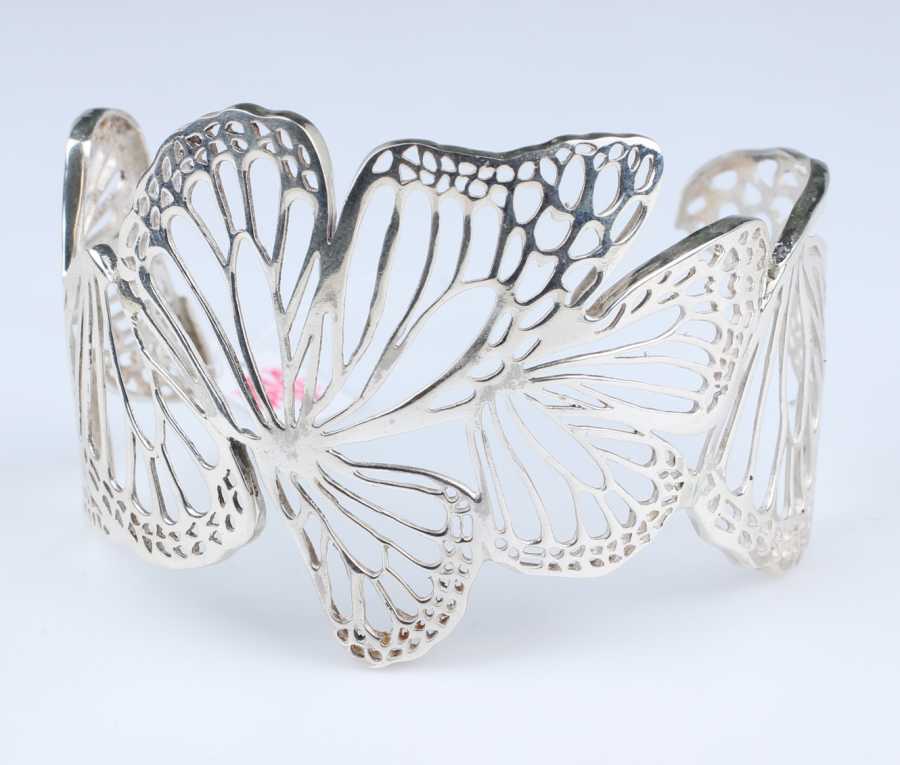 925 Sterling Silver Wide Butterfly Open Cuff Bangle Bracelet
