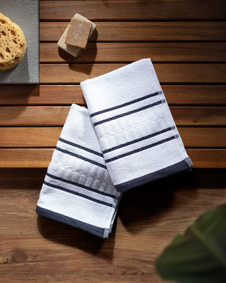 2-Pack 100% Cotton Hand Towel Set - White & Navy Blue