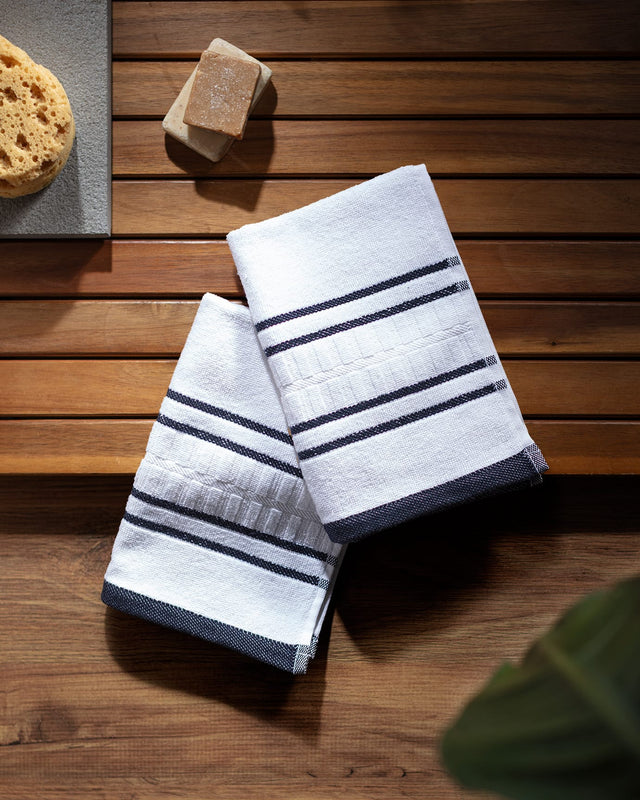 2-Pack 100% Cotton Hand Towel Set - White & Navy Blue