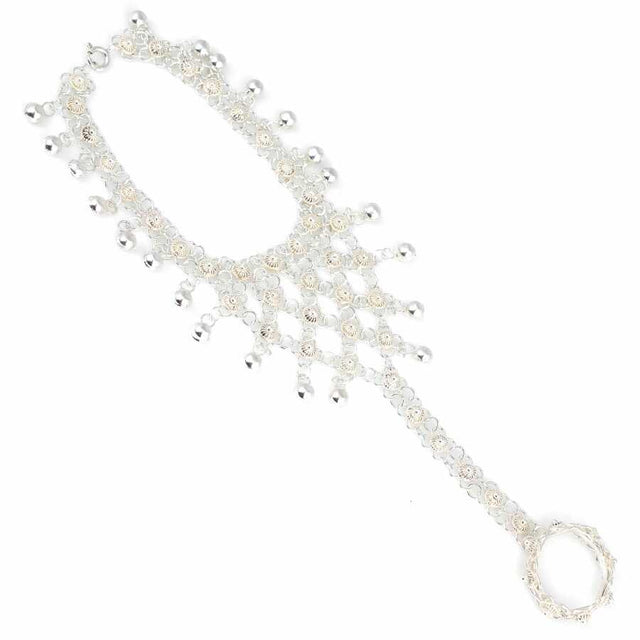 Sterling Silver Intricate Link Hand Chain with Ring