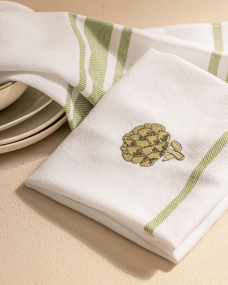 Artichoke Embroidered Dish Towel Set of 2 - White and Green Kitchen Towels