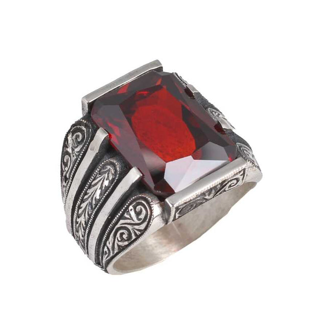 925 Sterling Silver Hand-Engraved Men's Ring with Rectangular Garnet