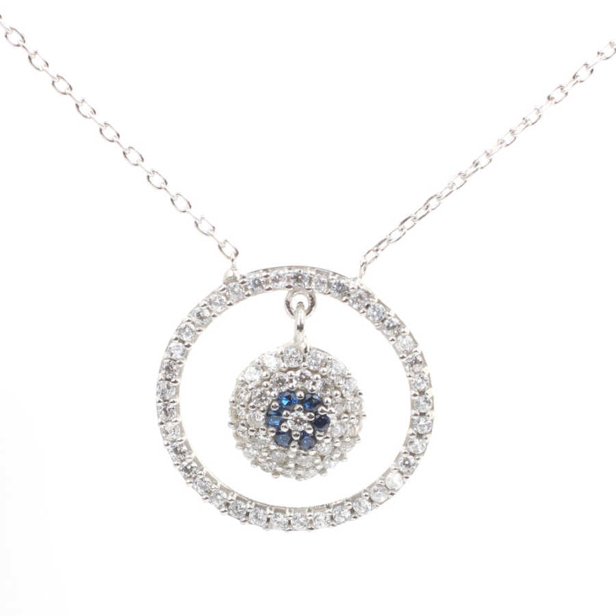 Sterling Silver Evil Eye Hoop Necklace - Zircon Gemstone