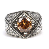 925 Sterling Silver Men's Citrine Cross Square Hand-Engraved Ring
