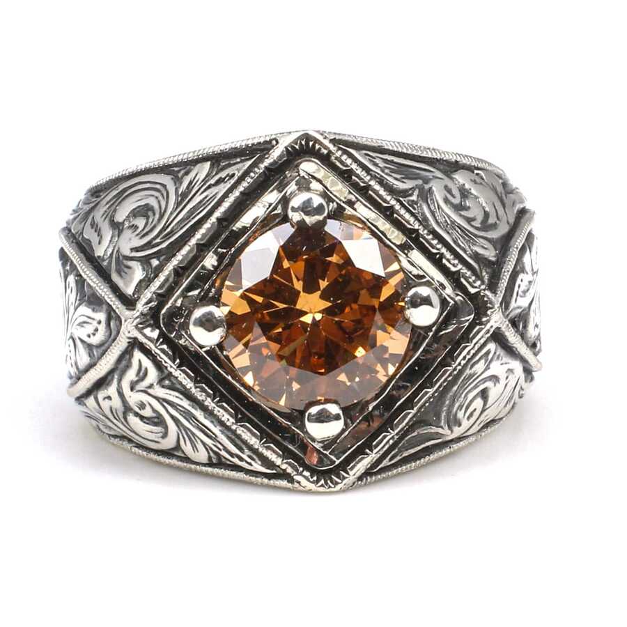 925 Sterling Silver Men's Citrine Cross Square Hand-Engraved Ring