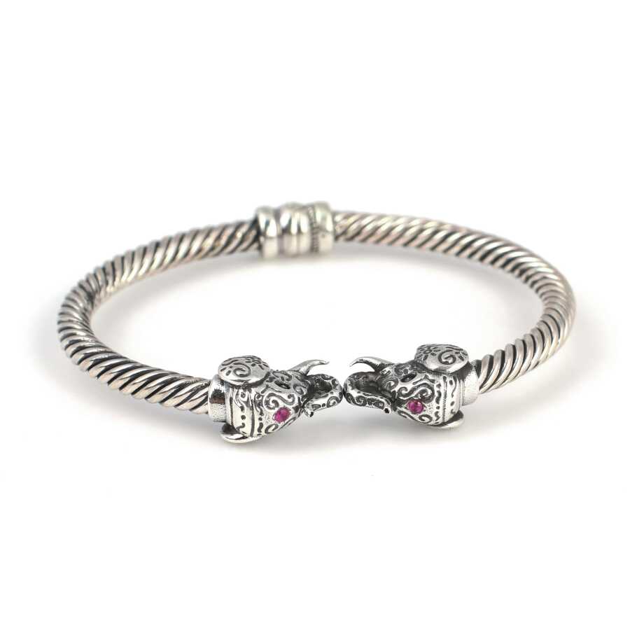 Sterling Silver Elephant Head Men's Twisted Cuff Bracelet with Ruby Zircon