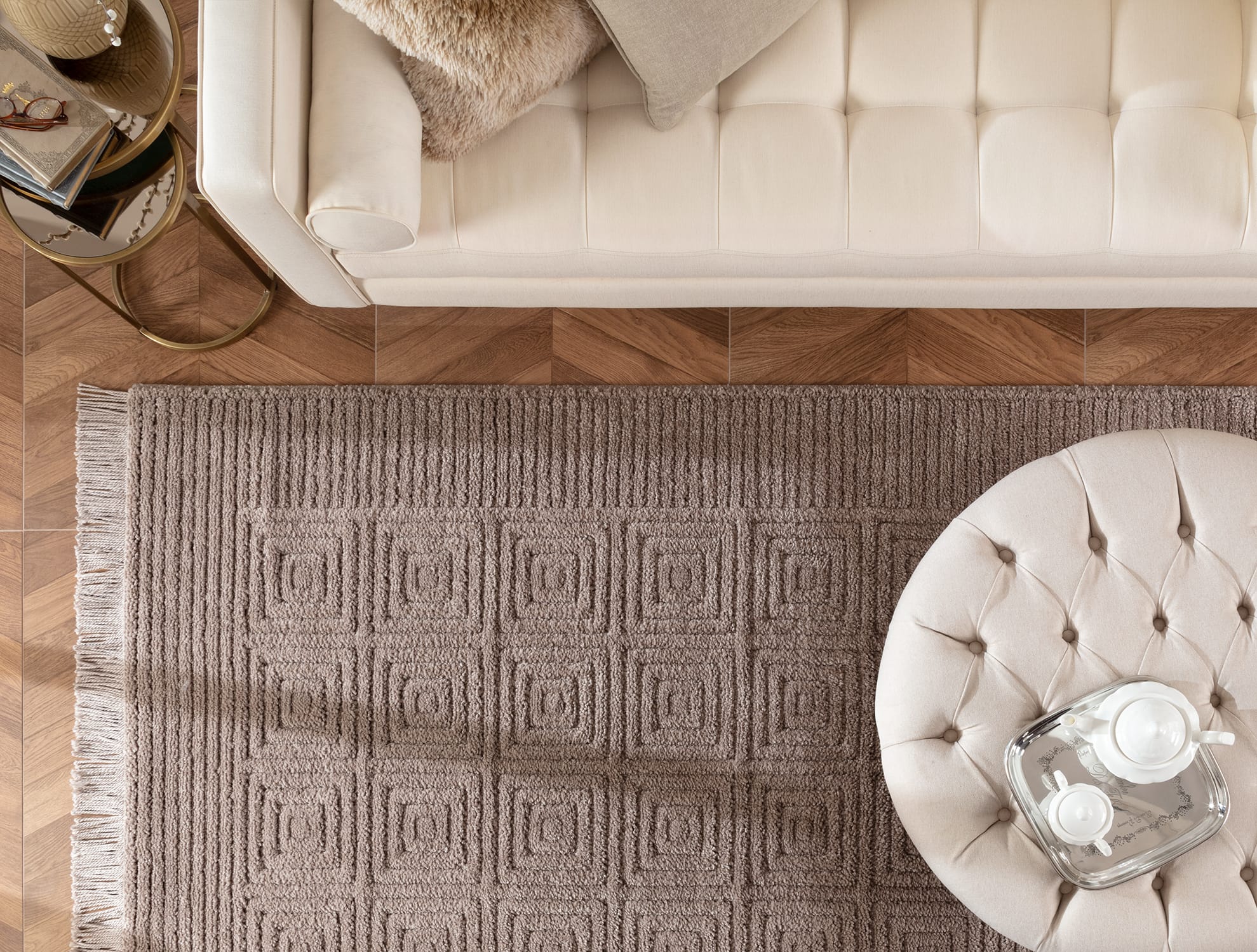 Laura Fringed Area Rug - Soft Mink Floor Carpet