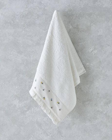 Professional Grade Embroidered Cotton Hand Towel - Floral Garden - Ecru