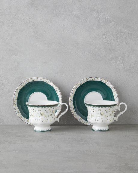 Premium Bone China Tea Cup Set - 4 Piece - 220ml Capacity - Florana Green Design