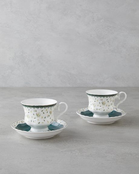 Premium Bone China Tea Cup Set - 4 Piece - 220ml Capacity - Florana Green Design