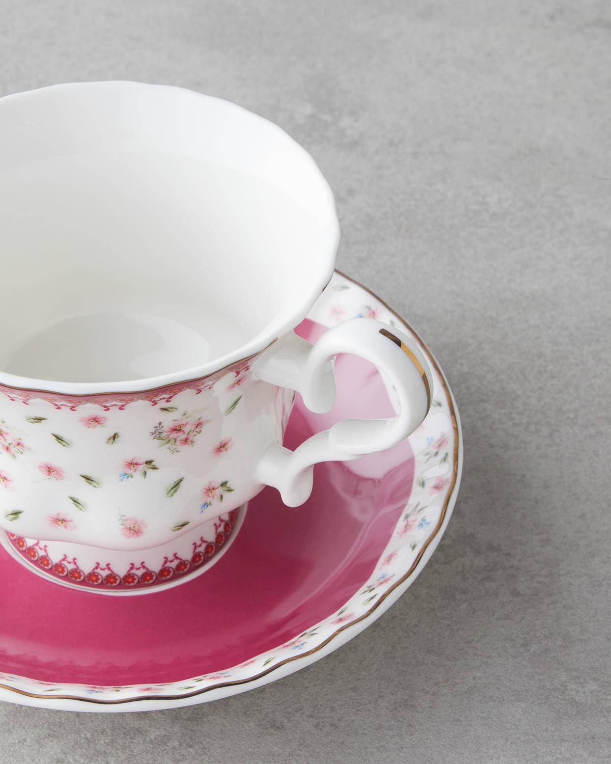 Premium New Bone China 4 Piece Tea Cup Set Dark Pink