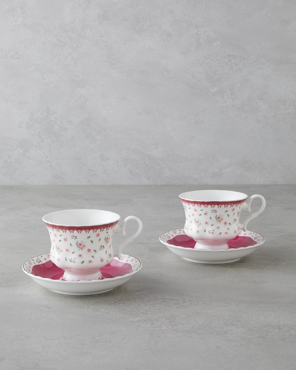 Premium New Bone China 4 Piece Tea Cup Set Dark Pink