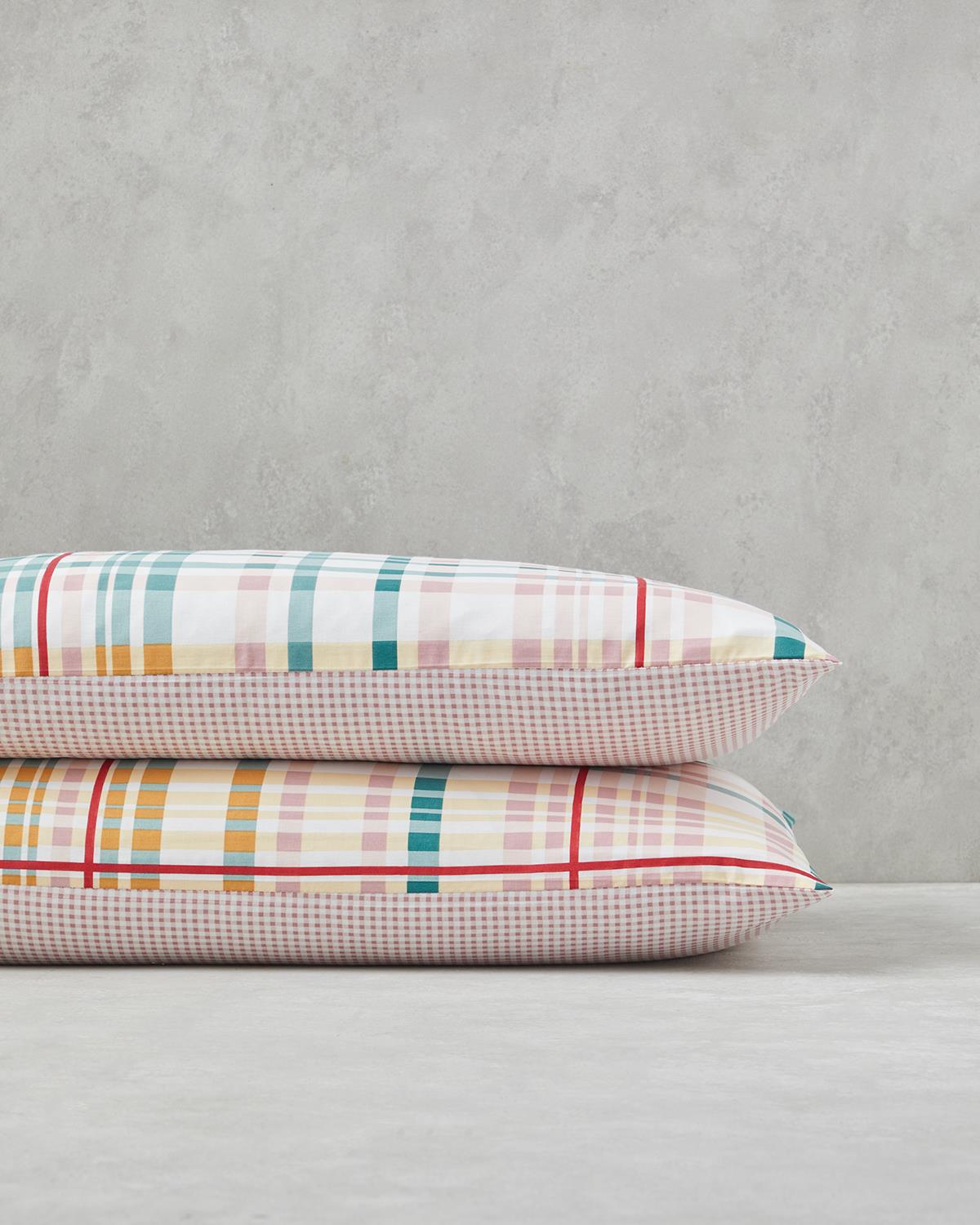 Premium Geo Plaid Cotton Pillowcase Pair   Green Pink Design