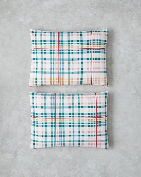 Premium Geo Plaid Cotton Pillowcase Pair - Green Pink Design