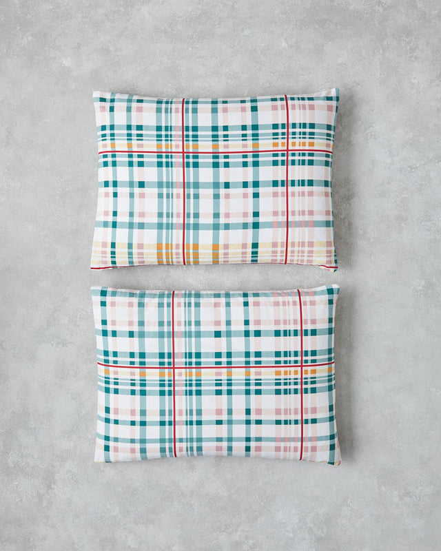Premium Geo Plaid Cotton Pillowcase Pair - Green Pink Design