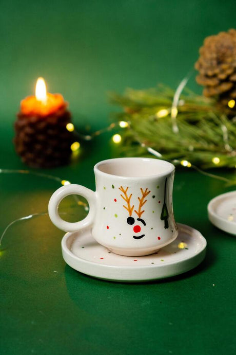 Gezdikce Bilelim Premium Handcrafted Ceramic Christmas Deer Coffee Cup Set - 2 Piece - TryAladdin