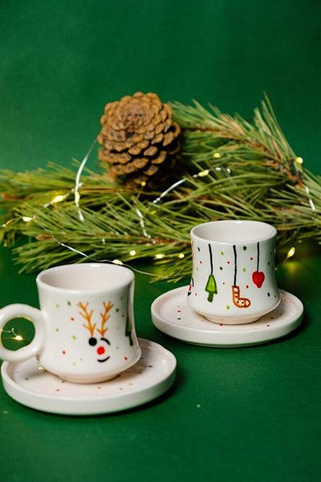 Gezdikce Bilelim Premium Handcrafted Ceramic Christmas Deer Coffee Cup Set - 2 Piece - TryAladdin