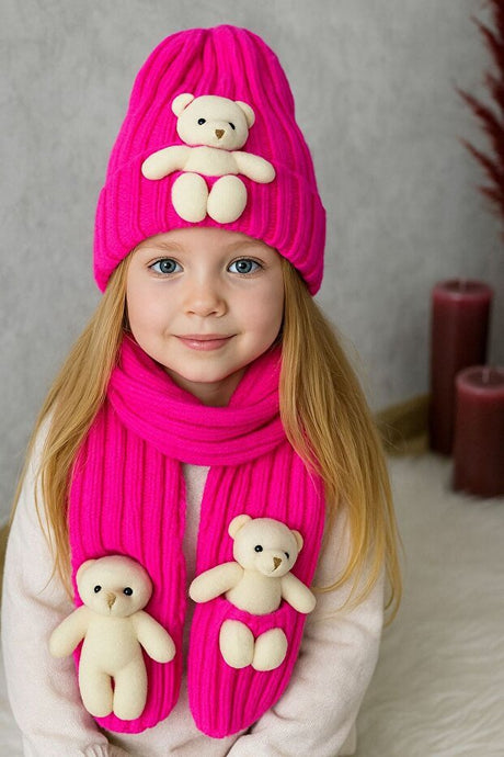 Girl's Bear Scarf & Beanie Set - Cozy Cotton - TryAladdin