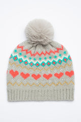 Girl's colorful Heart Pattern Beanie with Pom - Pom - TryAladdin