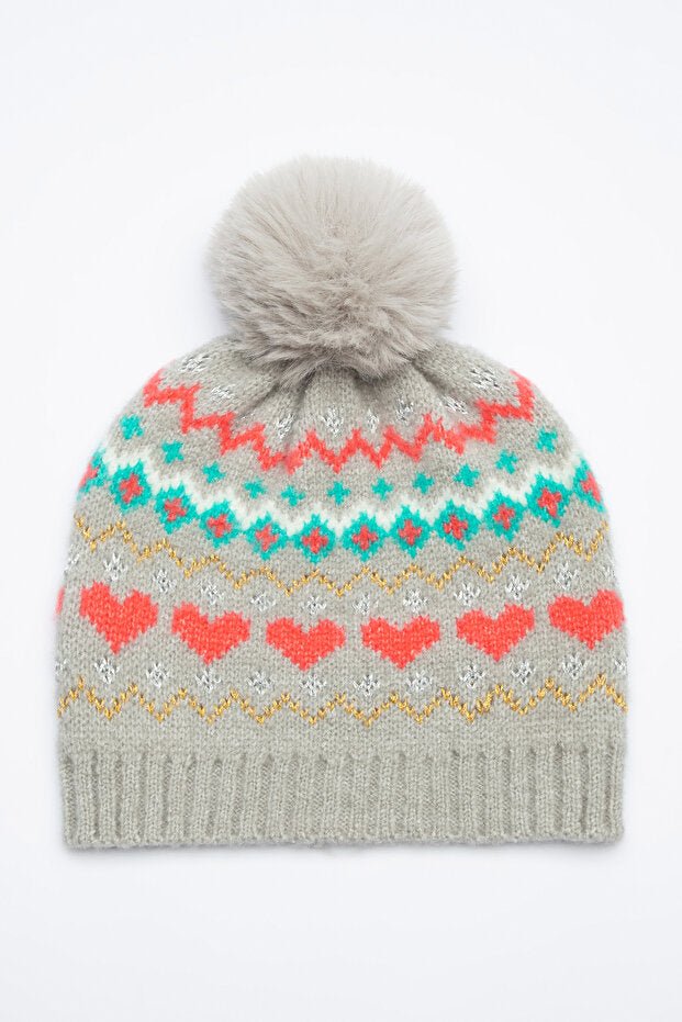 Girl's colorful Heart Pattern Beanie with Pom - Pom - TryAladdin