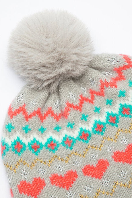 Girl's Colorful Heart Pattern Beanie with Pom - Pom - TryAladdin