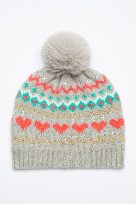 Girl's Colorful Heart Pattern Beanie with Pom - Pom - TryAladdin